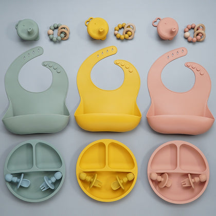 Gift Set BPA Free Food Grade Baby Silicone Bib Fork Spoon Dishes Plate Bowl